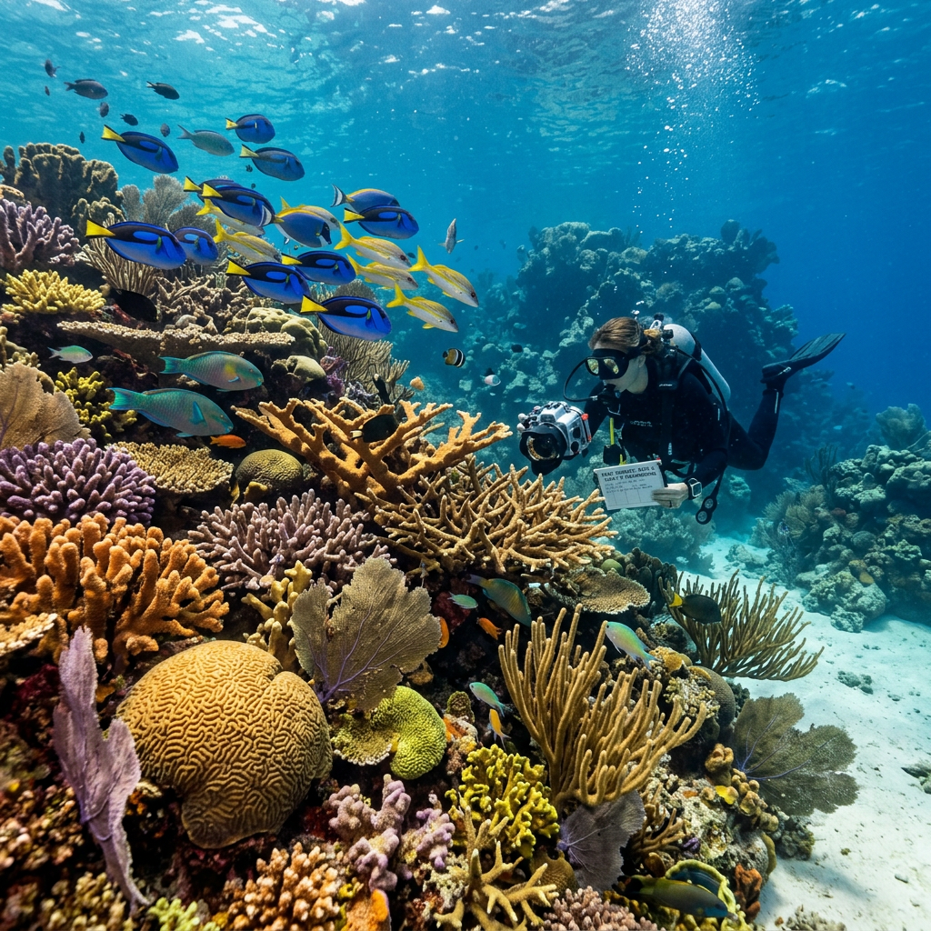Scuba diver photographing colorful fish and coral on a reef